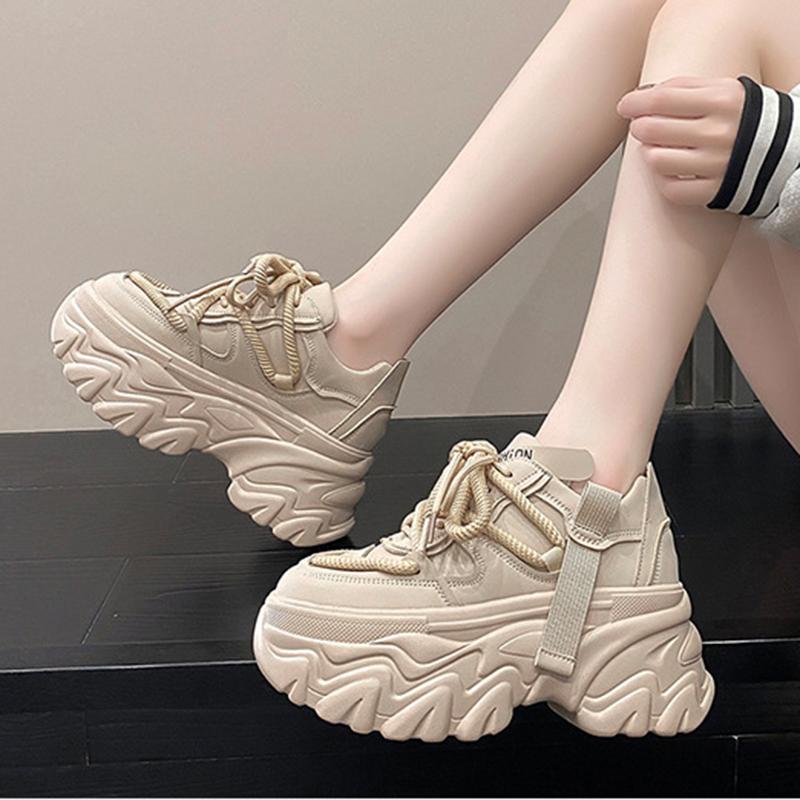 Fashion Women Platform Sneakers Spring Autumn 8CM Hidden Heel Sports Dad Shoes Woman Lace Up Leather White Casual Tennis Shoes Zapatos