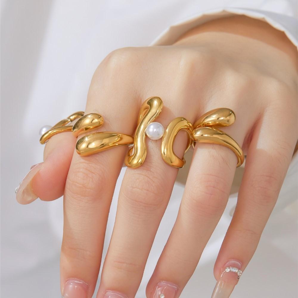 Daily Wear Statement Rings In Stainless Steel 18K Gold Plated Geometric Line Aesthetics Ring With Imitation Pearl For Women