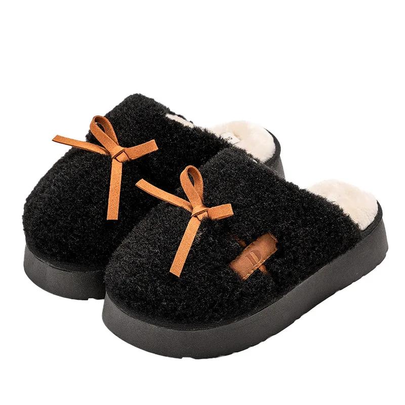 Fashion Fluffy Platform Slippers Women House Flats Cute Bowknot Designer Lovely Winter Shoes Girls Fashion Plush Casual Footwear Elegant