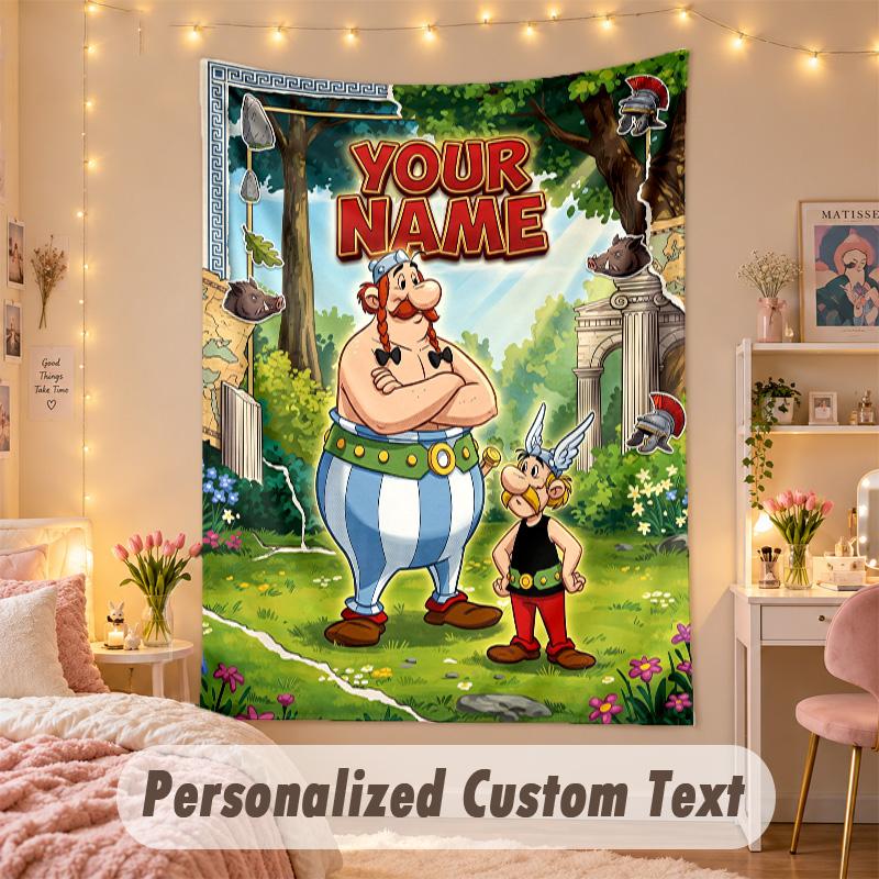 Custom Personalized Tapestry,Asterix & Obelix Print Custom Name Text Wall Art Hanging for Bedroom