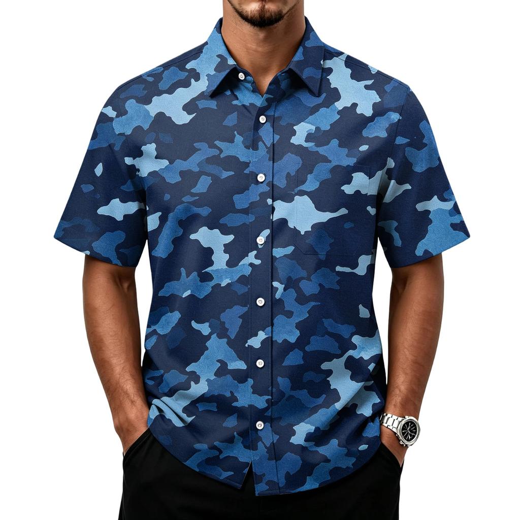 Men's Casual Short Sleeve Button Down Shirt Lightweight Breathable Fabric Classic Fit with Front Pocket Camouflage Print