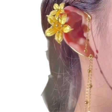 Golden Flower Ear Hanging Women's New Chinese Style Light Luxury Temperament Fashion High Sense Versatile Earrings Bridal Show He Accessories