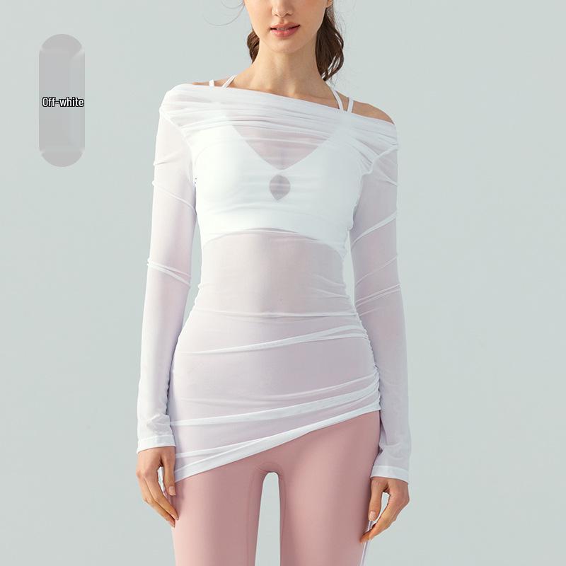 

Топ для фитнеса в корейском стиле с драпировкой из сетки на одно плечо - Чистый и сексуальный утягивающий топ для йоги для женщин Small