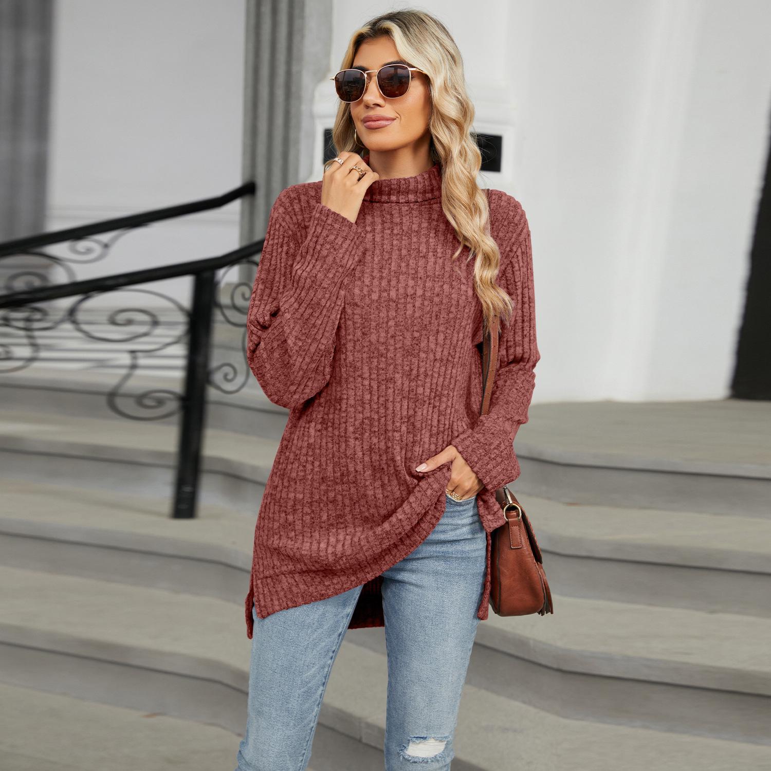 

Женская футболка с высоким воротом, свободного кроя, с длинным рукавом и разрезом, 2024: Коллекция осень/зима Extra Large оранжевый