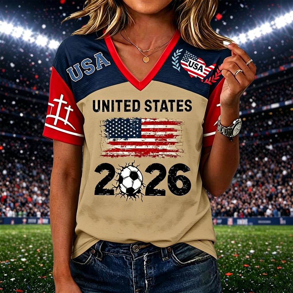 Women’s Casual V Neck Pullover Top with Short Sleeves and States Flag 2026 Soccer Graphic Print for Everyday Wear