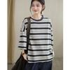 DIMANAF 2025 Summer T-shirt Women Spliced Stripe Printing Short Sleeve Loose Black