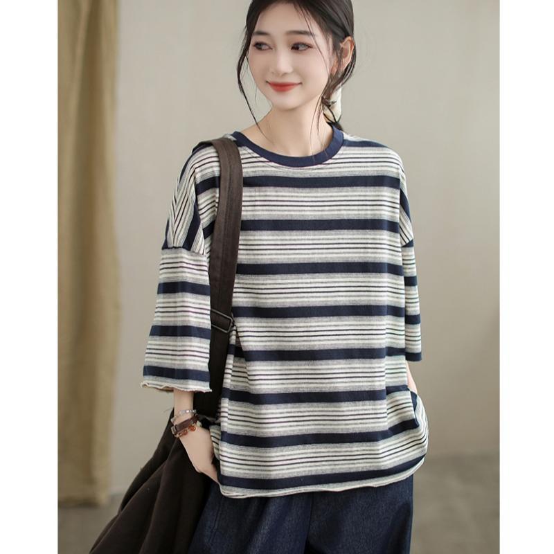 DIMANAF 2025 Summer T-shirt Women Spliced Stripe Printing Short Sleeve Loose Black