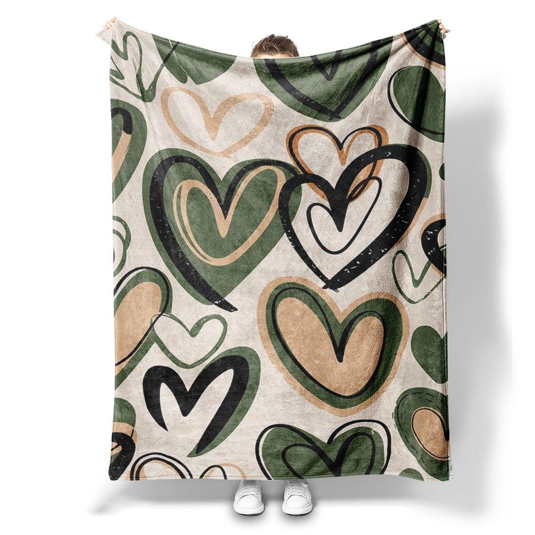 

Heart Pattern Flannel Throw Blanket – Artistic Green Beige Design, Soft Cozy Fleece for Home, Office, Sofa Car All-Season Use 75x90cm