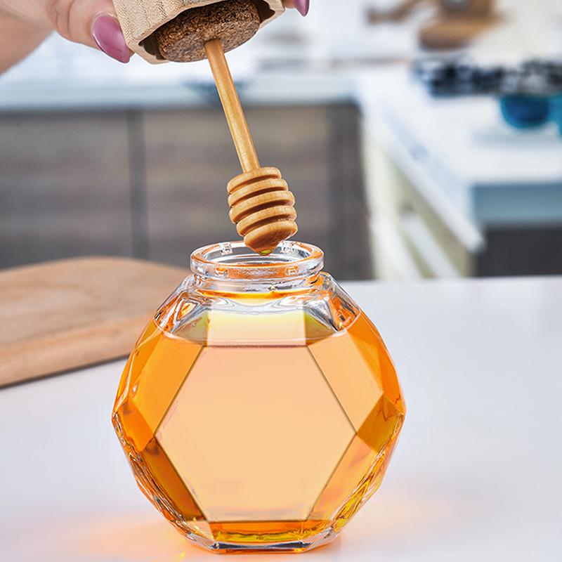 Boccetta di Vetro Esagonale Vuota per Miele con Bastoncino Mescolatore in Legno per Miele, Barattolo Trasparente Sigillante per Marmellata, Conservazione Cucina Casa 250G/500G/1000G