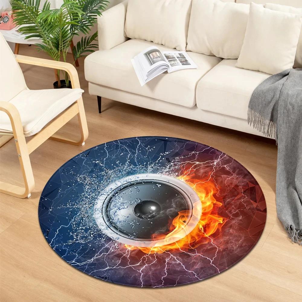 Crystal Velvet Water Fire Round Rug, CD Record Print Non Slip Floor Mat for Living Room, Bedroom, Home Decor, Circle Area Rug