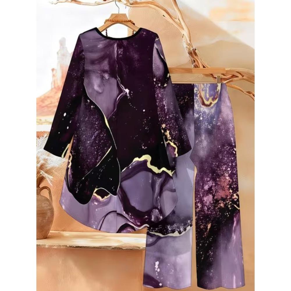 Floral Print Two Piece Outfit Women Long Sleeve Irregular Hem Tunic Top Wide Leg Pants Casual Matching Set