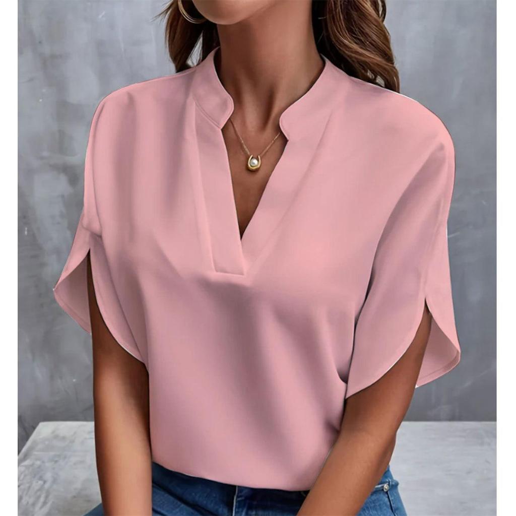Blusa de color liso con escote en V, blusa informal de manga corta con abertura para primavera y verano, ropa de mujer