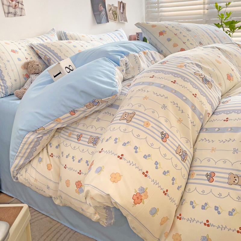 Small Fresh Mattress Quilt Cover Class A Maternal And Infant Grade Cartoon Dormitory Bed Sheet Three-Piece Set Super Soft Washed Cotton 4Pcs Set