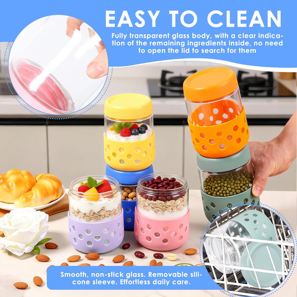 2/4/6Pcs Overnight Oat Container 16.9oz Glass Mason Jar with Silicone Sleeve Lid Leak Proof Yogurt Cup Dishwasher Safe for Snack