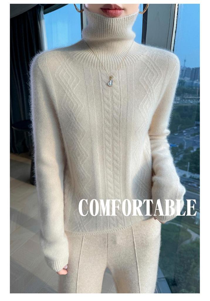 Women's High Neck Cable Knit Wool Sweater - Slimming Long Sleeve Cashmere Top