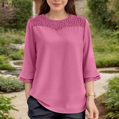 Women Summer Patchwork Round Neck Casual 3/4 Sleeve Loose Blouse