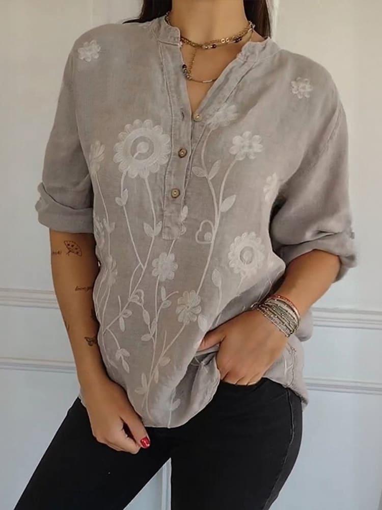 2025 Spring/Summer Women's Lace Embroidery V-Neck Button Shirt