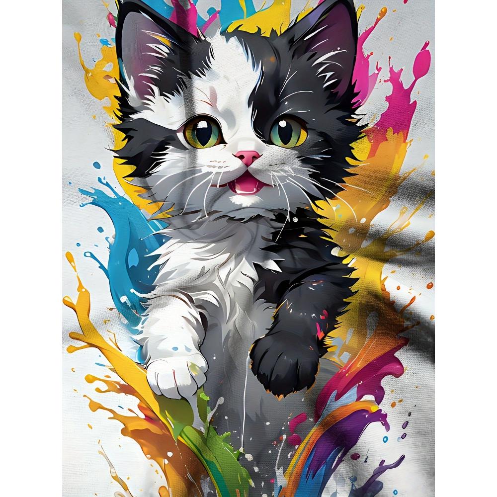 New Men's Black and White Cat Print T-shirt, Perfect for Summer Fashion.