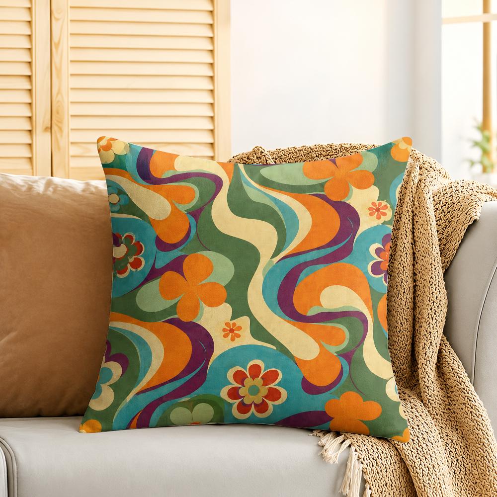 Groovy Retro Blumen Kissenbezug Seidiger Kurzer Plüsch Unsichtbarer Reißverschluss Staubdicht Sofakissenbezug Für Heimdekoration