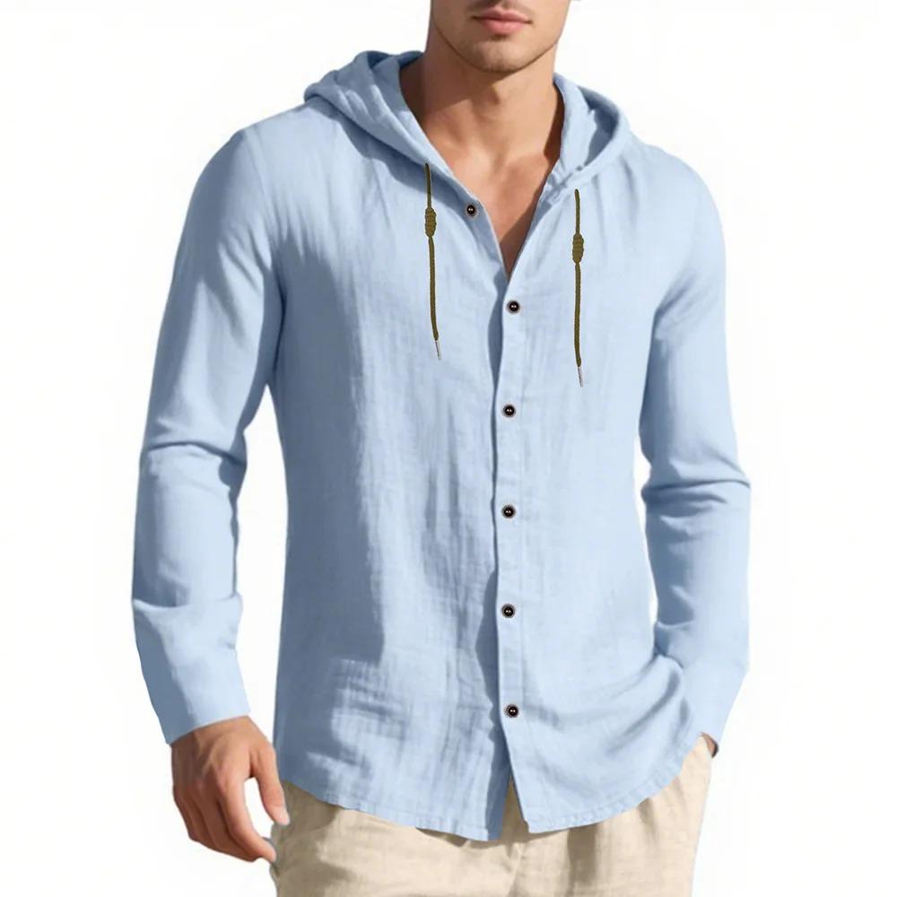 Pánská košile s kapucí, jednořadé zapínání, bavlna len, lehká, jaro léto, dlouhý rukáv, design se stahovací šňůrkou, dovolenkový styl, topy