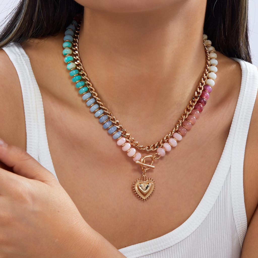Colorful Dopamine Beaded Layered Necklace For Women Boho Heart Pendant OT Buckle Cuban Chain Chunky Choker Party Holiday Jewelry