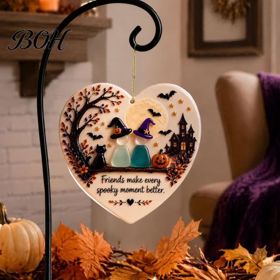 Heart Shaped Coastal Decor Heart-Shaped Sea Glass Art Friendship Ornament, 2D Flat Ornament Keepsake, Halloween Pumpkin Black Cat Hanging Decoration,