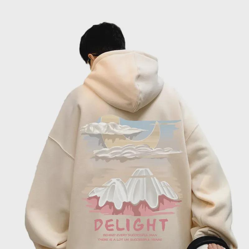 Hanorac cu imprimeu retro supradimensionat pentru bărbați, de culoare caisă - Hanorac la modă, lejer, de primăvară/toamnă, pentru cupluri