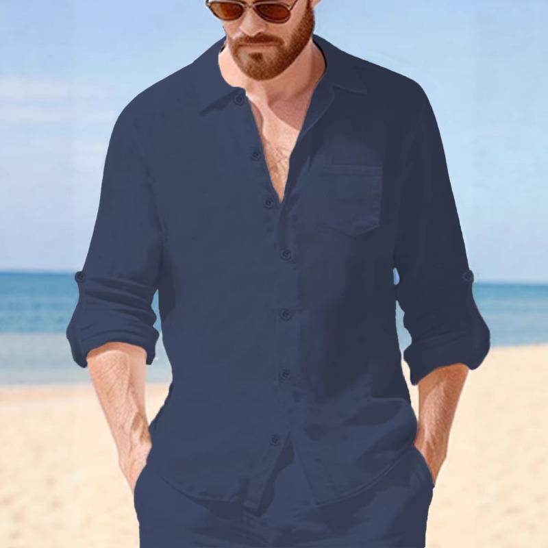 Men's Linen Blend Roll-Up Sleeve Casual Shirt