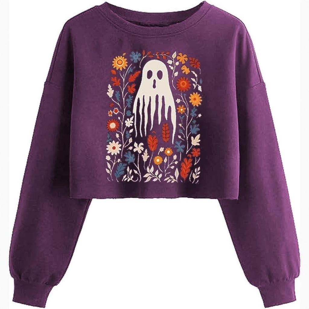 Women's Crop Sweatshirt Fall Halloween Long Sleeve Pullover Sweatshirt