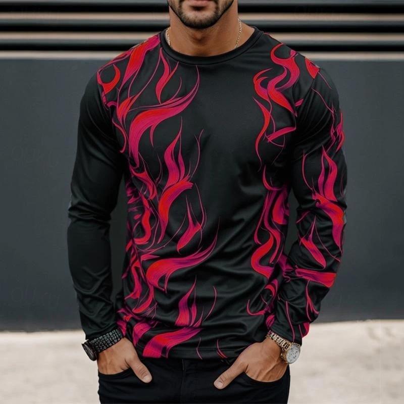 Spring and Autumn Round Neck 3D Flame Pattern Printed Top Fashionable Casual Long Sleeved Men's T-shirts