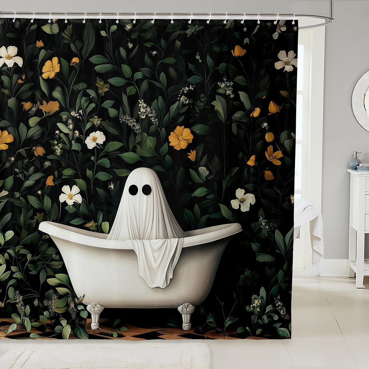 

Ghost In Bathtub Shower Curtain Dark Floral Gothic Halloween Decor Linen180X210 W60H190(CM)-1 Pcs