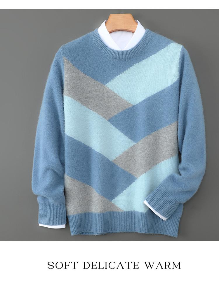 Men's 100% Pure Wool Color Block Cashmere Sweater - Round Neck, Autumn/Winter, Loose Casual/Business Wear
