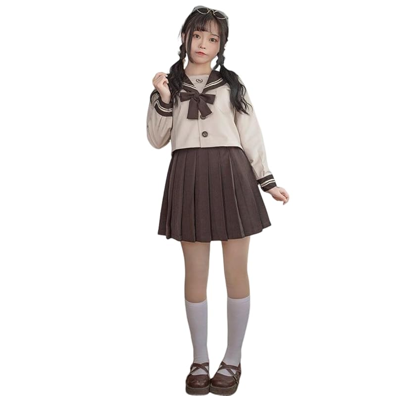 

[HINATA] костюм моряка для косплея, коричневый, с длинными рукавами, короткими рукавами, школьная форма JK, с завязками на ленте, юбкой в складку, носками, комплект из 4 предметов, вышитый бант