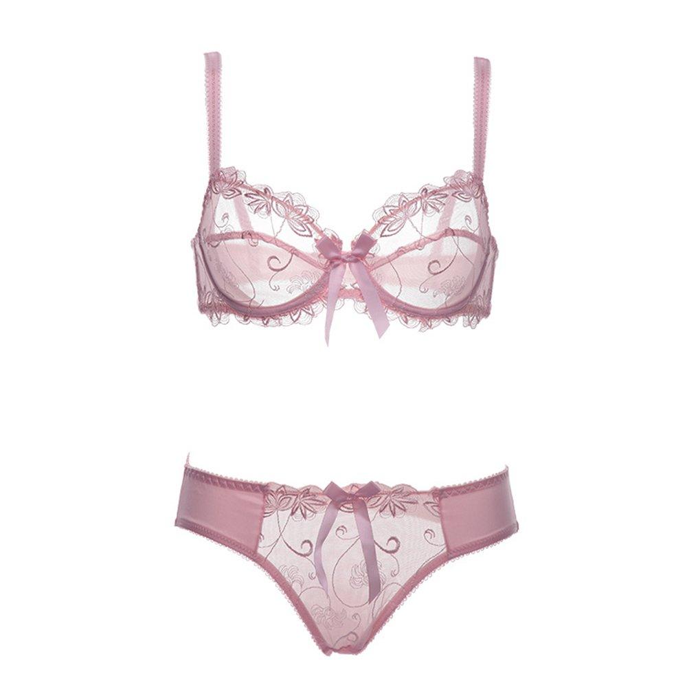 

sexy bra and shorts embroidered floral no bra Light [varsbaby] See-through set, underwear, pattern, padding, (V014LF, Pink, 85B)