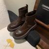 Versatile Thick-soled Sleeve Knight Boots Women's Medium Heel Round Head Solid Color Cowhide Low Boots Autumn and Winter Genuine Leather Large Size Wo