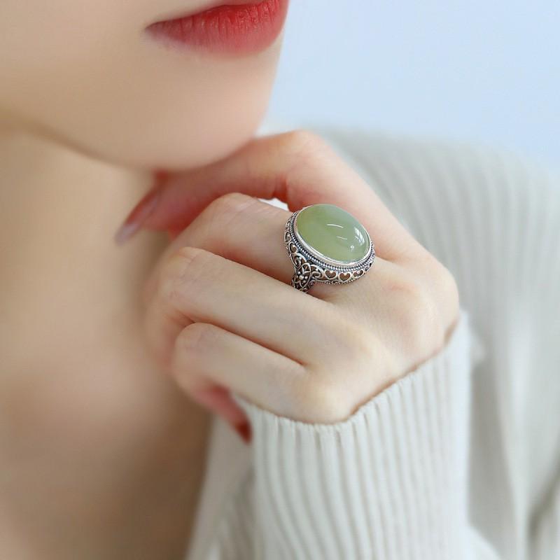 Adjustable Open Ring Women Men Vintage Chinese Style Hollow Oval Jade Inlay Bohemian Ethnic Minimalist Statement Jewelry