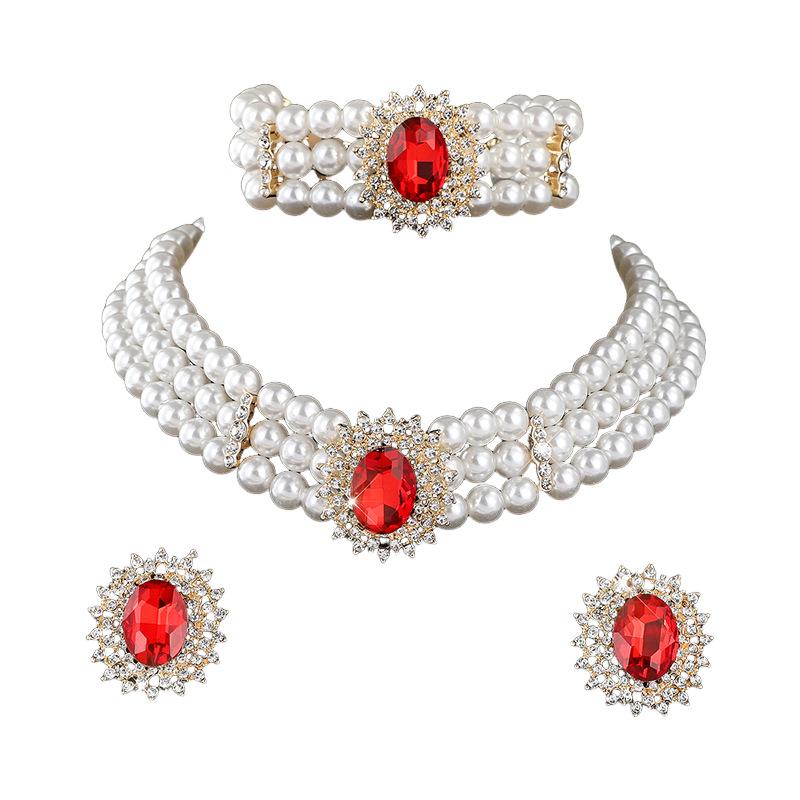 Wedding diamond multi-row imitation pearl necklace bridal crystal choker diamond collarbone chain pendant female красный