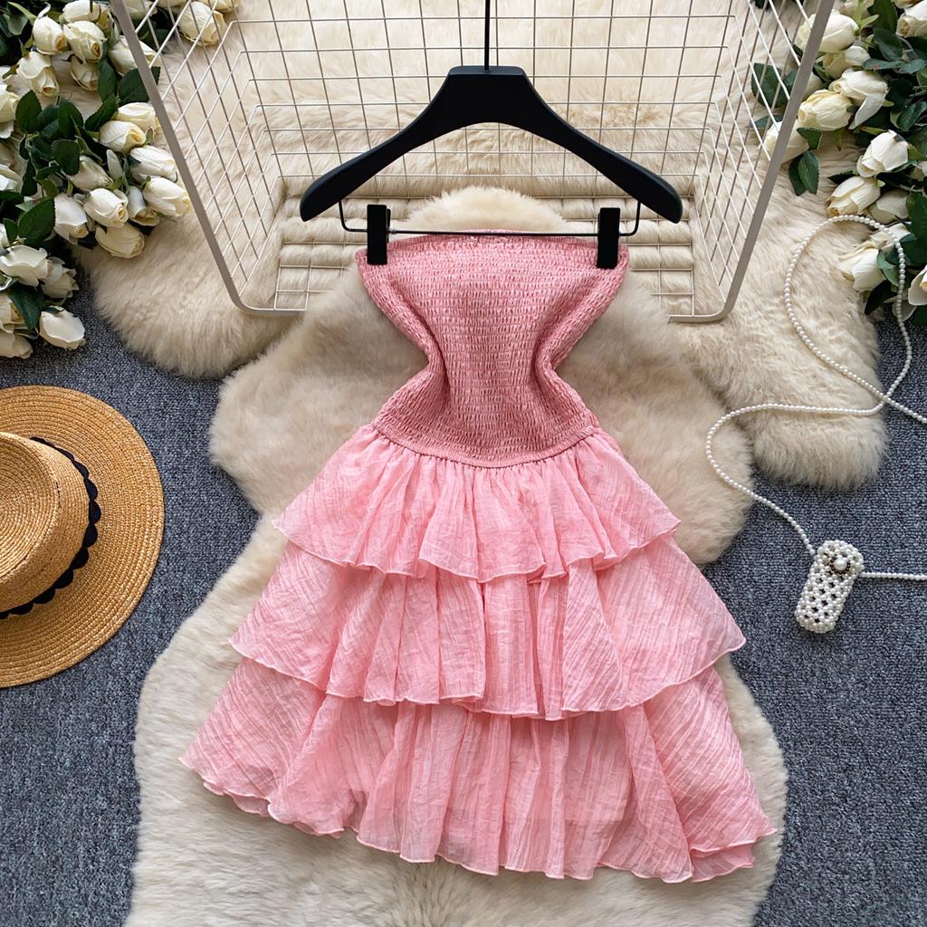 French Sweet Wind Tube Top Sleeveless Dress Women's Summer Yellow Ruffle Leaf Edge Cake Dress Thin Temperament Small Man