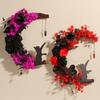 Halloween Moon Cat Wreath for Front Door Crescent Moon Wreath Sign with Artificial Rose Flowers for Gothic Home Decoration
