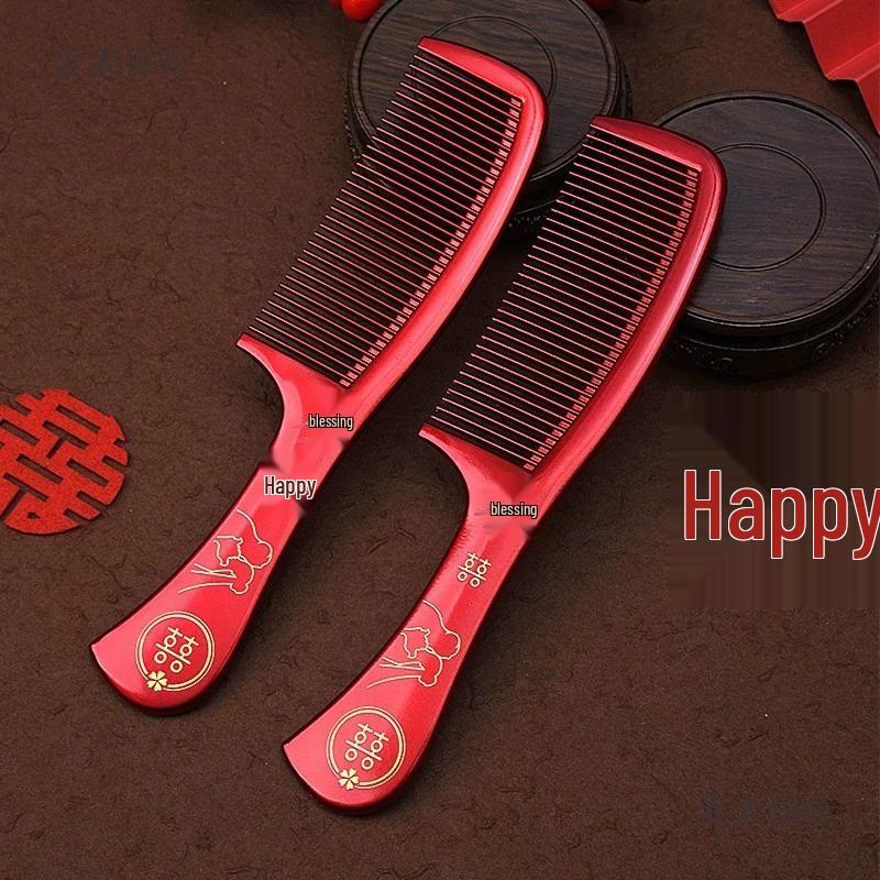 Happy Comb: Wine Red Long-Handled Bridal Dowry Set