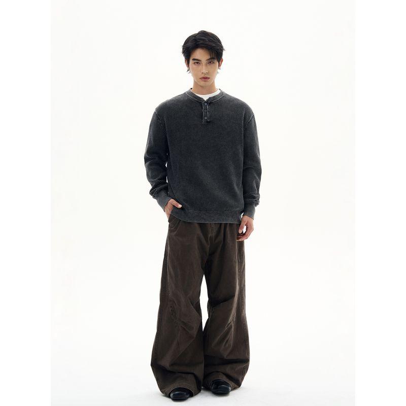 Kisko American Retro Waffle Henry Collar Work Clothing Long-Sleeved Men's and Women's High-End Loose Casual Knitted Tops