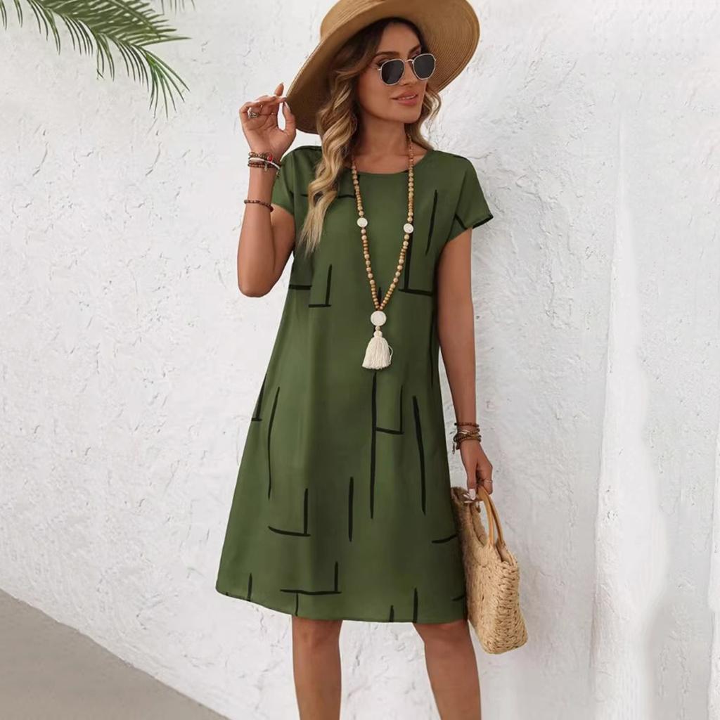 Women Casual Loose Short Sleeve Dress Summer Comfortable Knee Length A Line Dress Lightweight Breathable Fabric Simple Geometric Print
