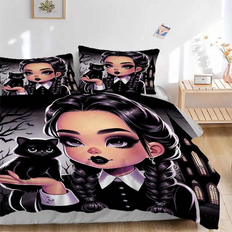 3pcs Dark Elegance Addams Printed Duvet Cover Set (1 * Cover+2 * Pillowcase, Without Core), Suitable for Home Bedroom, Guest Room, Dormitory Deco