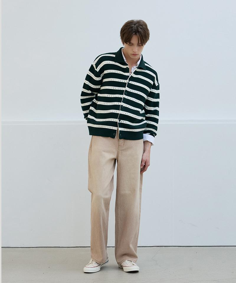 Nodu Scalloped Stripe Collar Knit Cardigan [Green]