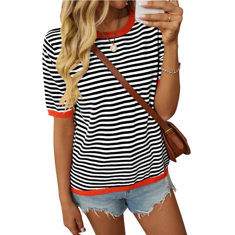 Dámský letní nový kulatý výstřih pruhovaný kolizní barvy krátký rukáv ležérní svetr