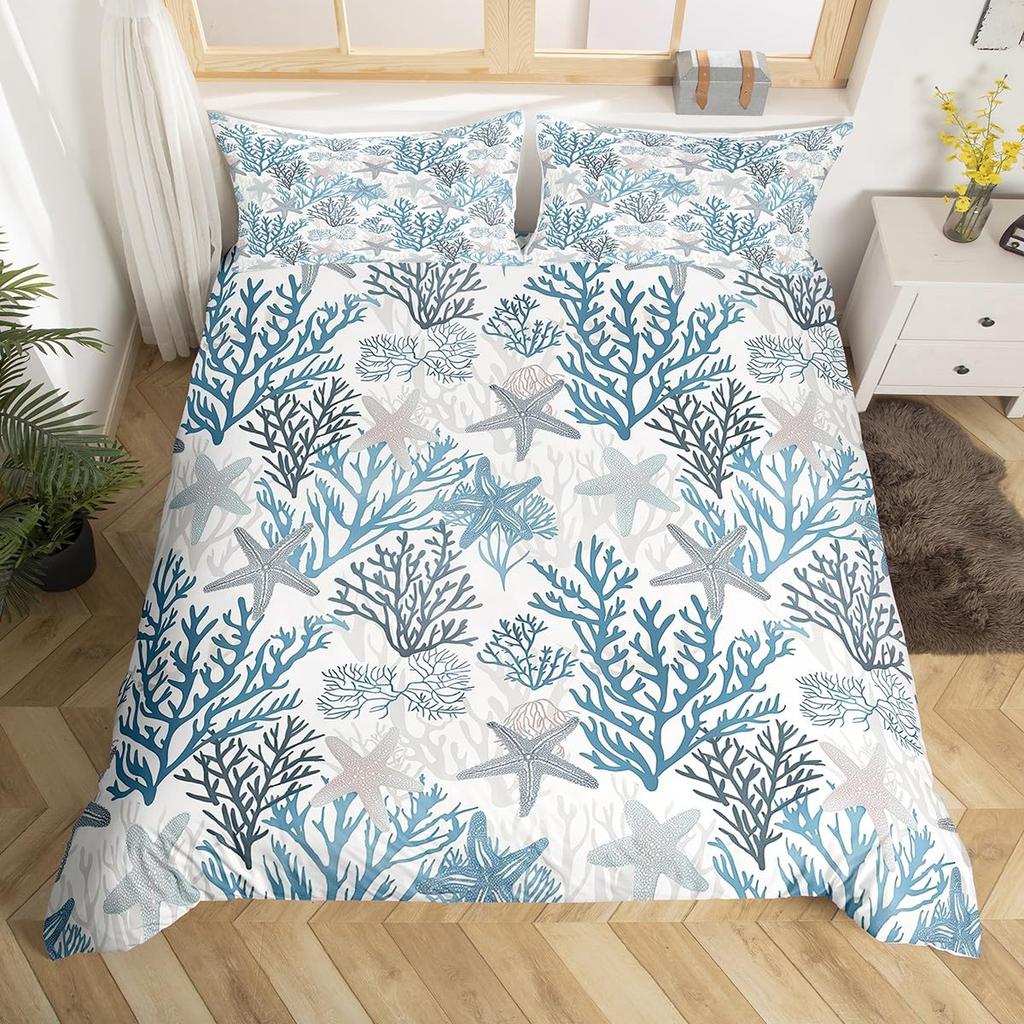 Summer Beach Theme Duvet Cover Twin Queen, Starfish Conch Seashell Bedding Set for Boys Girls Bedroom, Ocean Animal Bed Cover