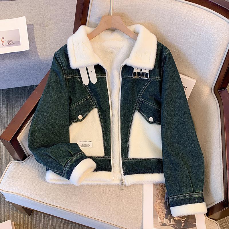 

Флисовая утолщенная джинсовая куртка женская новая осень-зима маленькая женская свободная женская короткая зимняя одежда XL темно-синий