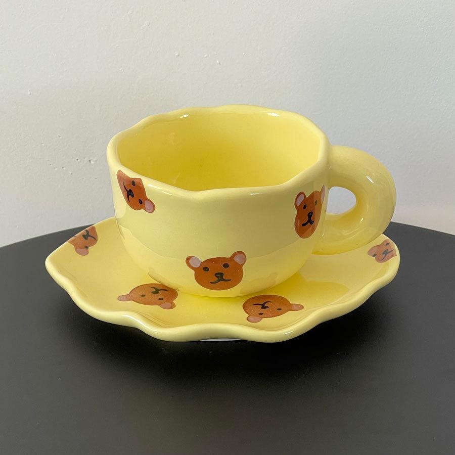 Girl'S Heart Hand-Painted Tulip Orange Bear Flower White Cloud Coffee Cup And Saucer Underglaze Irregular Ceramic Cup And Saucer