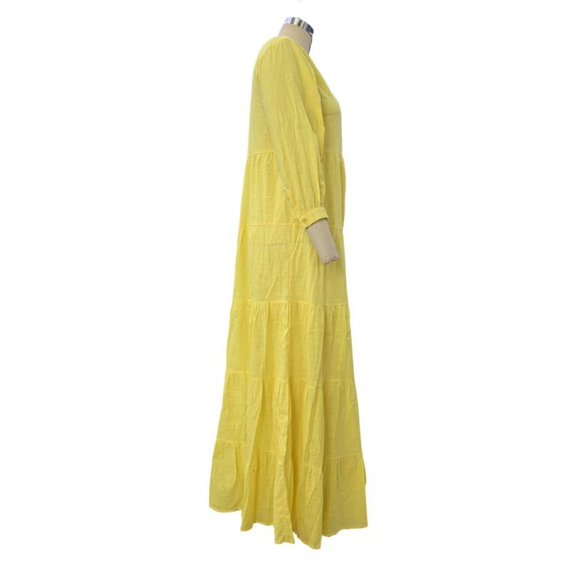 Women Solid Color V Neck Loose Long Sleeve Bohemian Midi Dress