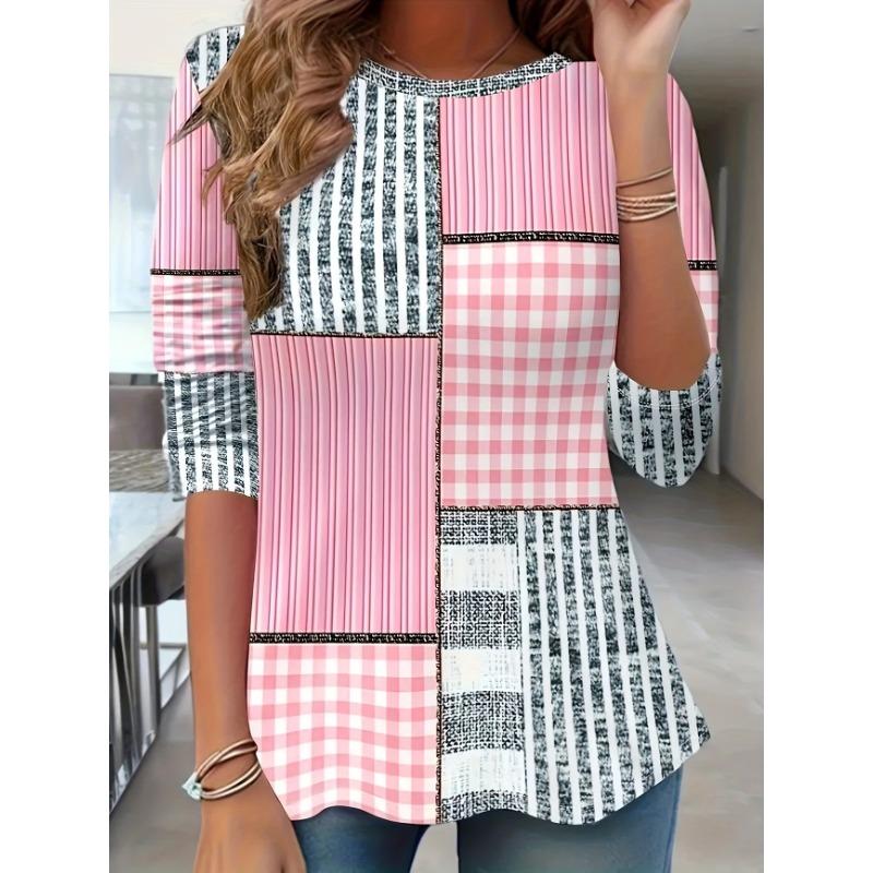 Plus size women's geometric color matching loose long-sleeved crew neck top - Casual, comfortable